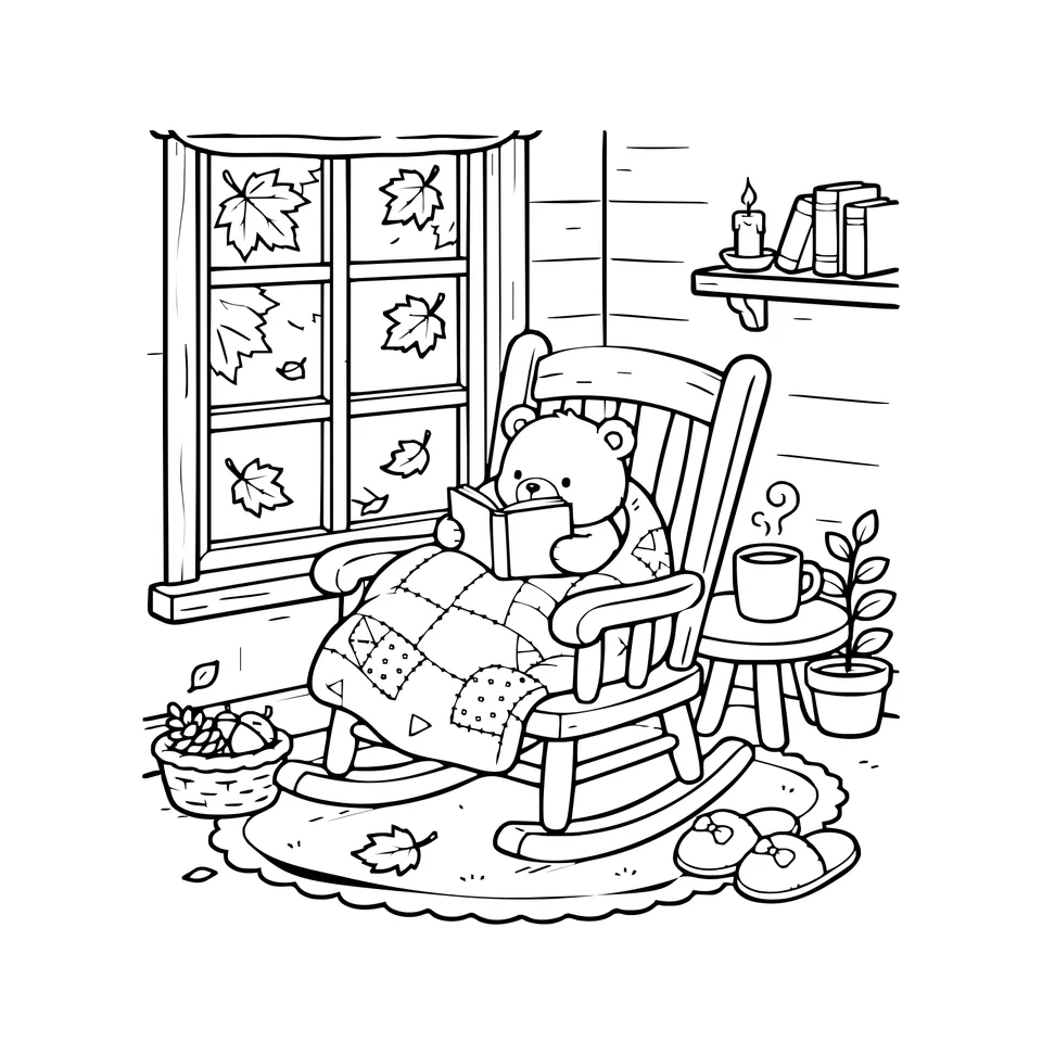 Line art: a bear reads by the window