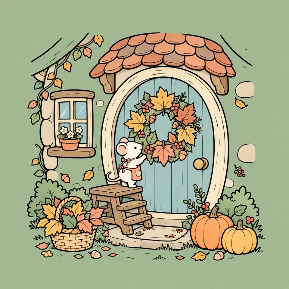 Colored: a mouse hangs an autumn wreath