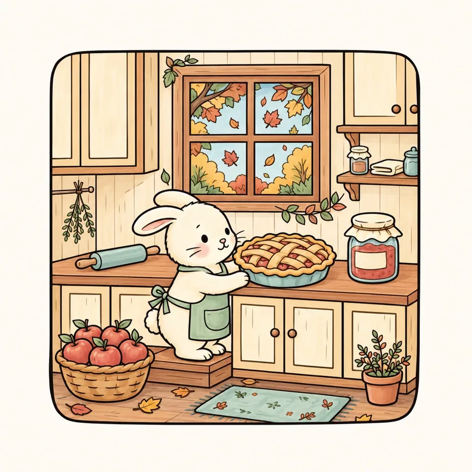 Colored: a rabbit bakes an apple pie