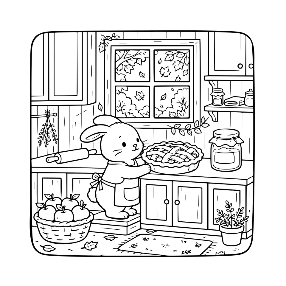Line art: a rabbit bakes an apple pie