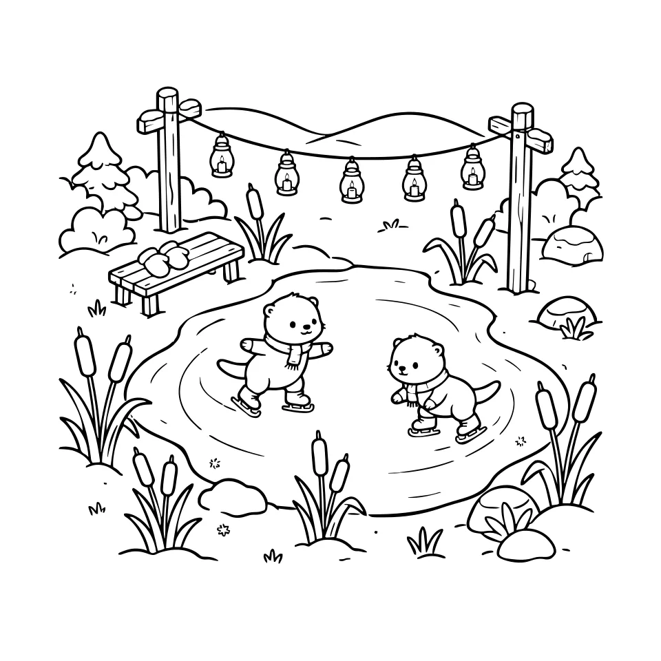 Line art preview: two otters ice skating under lanterns