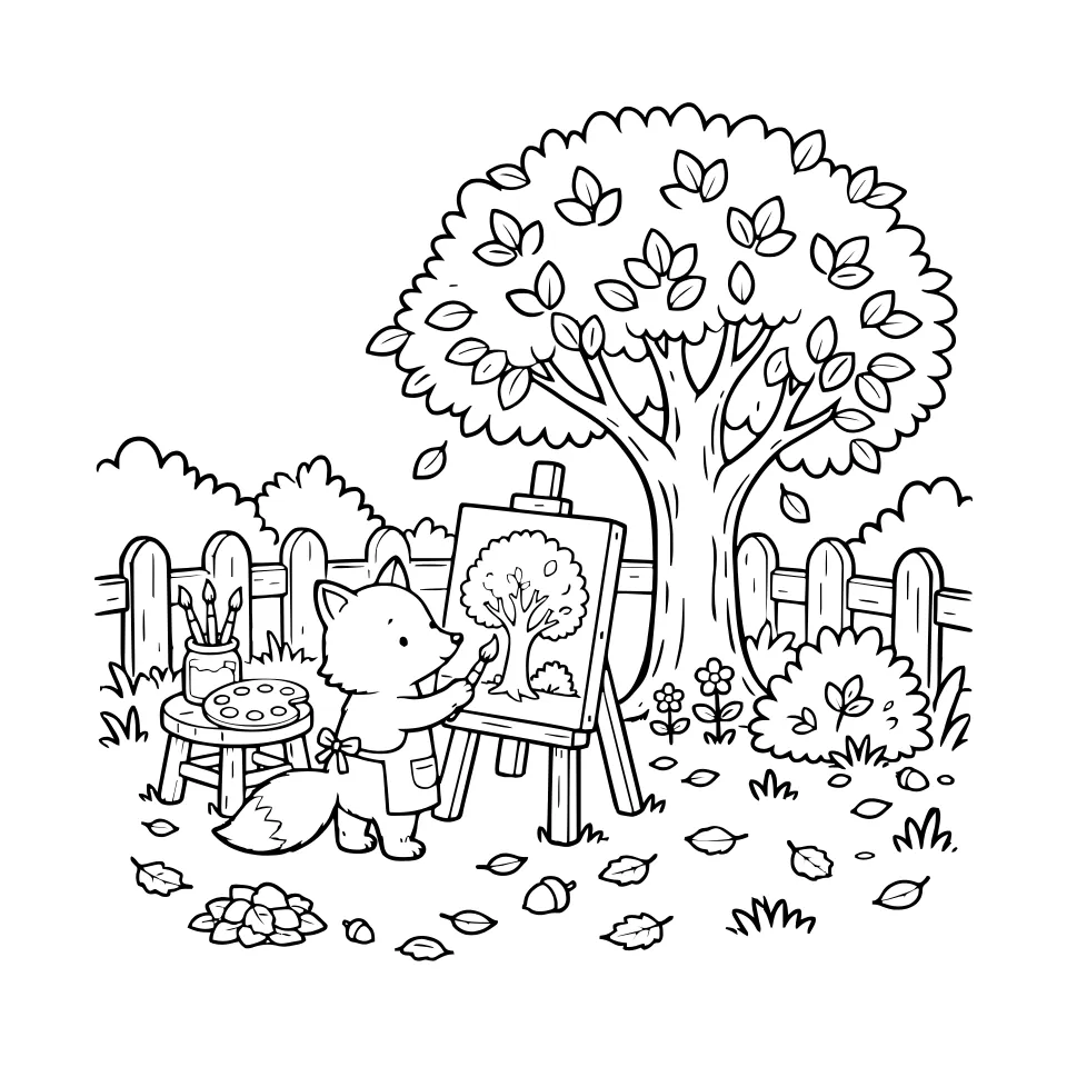 Coloring page: a fox in an apron painting a leafy tree on an easel in a garden