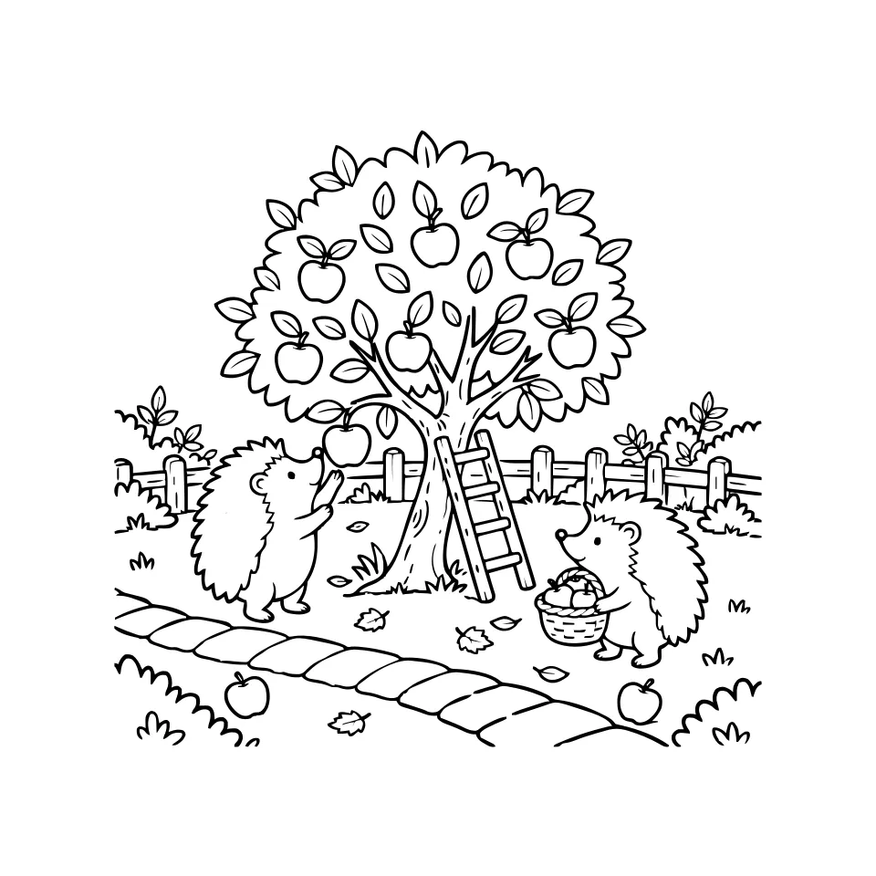 Coloring page: two hedgehogs picking apples under a small apple tree with a ladder and a basket