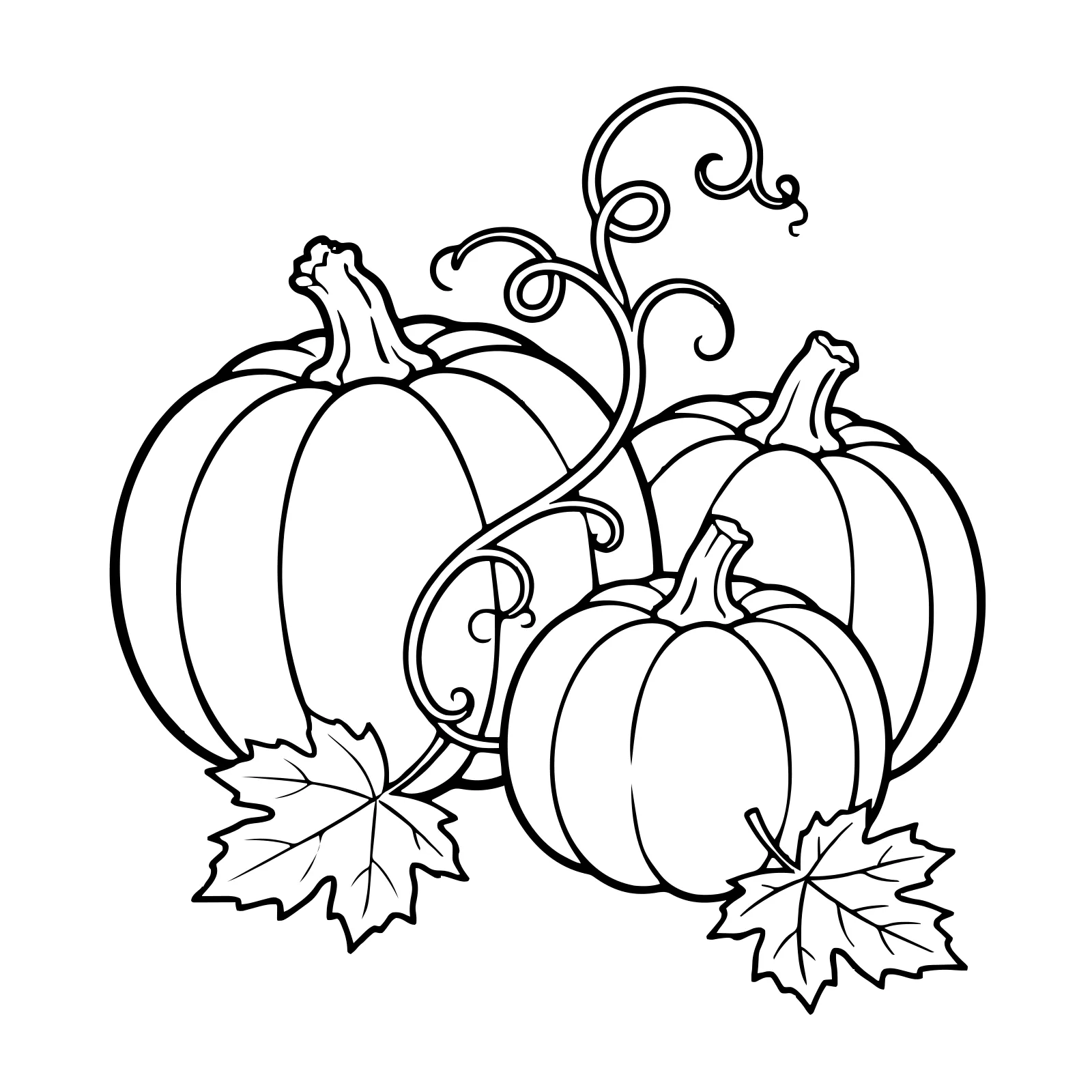 Coloring page: three pumpkins of different sizes with a curling vine and two maple leaves